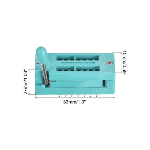 Universal 14 Pin ZIF IC Test Socket with 3mm Pitch, green, size 33x15x27 mm, labeled dimensions for microcontrollers and chips