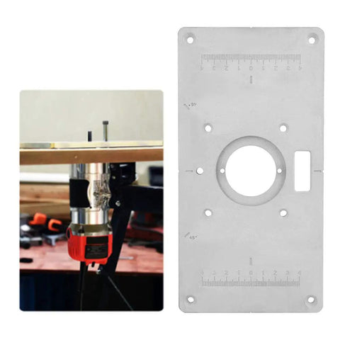 Top Shelf Aluminum Router Table Insert Plate For Butter Smooth Woodworking Cuts No Sweat Install Totally Bulletproof Build Shiny Silver Finish with measurement markings.