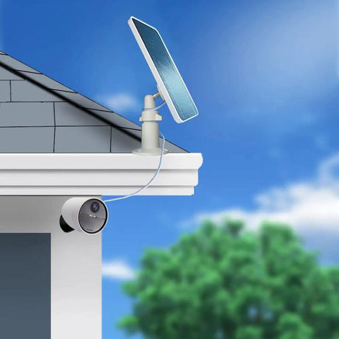 Durable Solar Panel for SimpliSafe Outdoor Camera Series 2 Waterproof Charger mounted on roof with 13 ft cable
