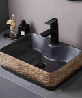 UYTROPLK Bathroom Vessel Sink Ceramic Outdoor Indoor Bathroom Vintage Pedestal Basin with Accessories Patio Wash Basin Rectangle Bathroom Sink top view on countertop with black faucet
