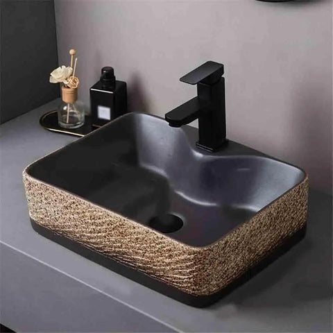 UYTROPLK Bathroom Vessel Sink Ceramic Outdoor Indoor Bathroom Vintage Pedestal Basin with Accessories Patio Wash Basin Rectangle Bathroom Sink top view on countertop with black faucet