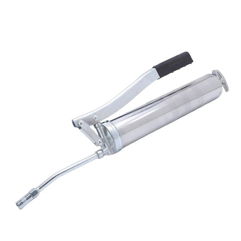 Super Durable Manual Grease Pump For Heavy Duty Jobs With Metal Build, Fast Piston Action, Quick Oil Delivery, Release Valve Control And Anti Jam Switch For Smooth Lubrication Anytime, showing a shiny metal build and ergonomic handle.
