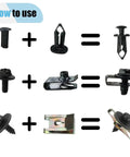 Diagram showing assembly of 100 Piece Automotive Screws And Bolts Kit For Engine Under Cover Splash Shield Guard And Fender Liner Push Retainer Clips U Nuts And Plastic Rivet Fasteners For Car Body Repair