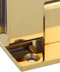 Close-up of gold wall mount glass shower hinge for 8 to 12 mm glass doors, featuring stainless steel 304 construction.