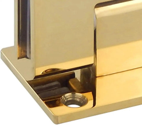 Close-up of gold wall mount glass shower hinge for 8 to 12 mm glass doors, featuring stainless steel 304 construction.