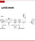 Technical drawing of Brushed Nickel Tub Deck Mount Faucet Set With Waterfall Tub Filler Three Handles Five Hole Design Rain Shower Fixture.