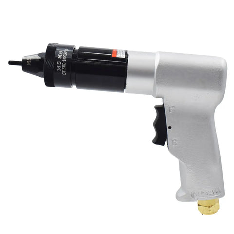 Pro Grade Pneumatic Rivet Nut Tool Kit With M5 And M6 Heads, side view showing trigger and nozzle