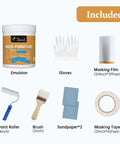Paint kit includes Easy DIY Acrylic Wood Paint For Furniture Ivory White 32 Oz, gloves, roller, brush, sandpaper, and masking tools.
