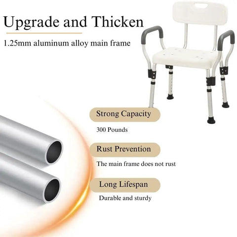 Foldable Shower Chair With Arms And Back, Heavy Duty 330 Lb Capacity, Adjustable Height 27.2 To 31.9 Inches, White Aluminum Alloy