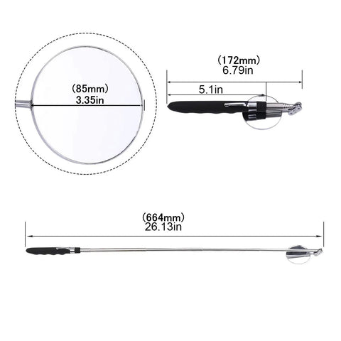 Dimensions and measurements of Telescopic Inspection Mirror With 85mm Round Head For Vehicle And Small Parts Checking Extendable Rod 360 Degree View For Hard To Reach Areas This Handy Car Maintenance Tool Set Of Two