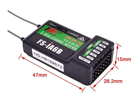 Six Channel 2.4GHz AFHDS2A Receiver with dual antennas for RC gear, labeled FS-iA6B, with measurements in millimeters