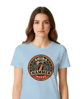 Cool Vintage Hammer Gear Badge Shiba T-Shirt For True DIY Guys Who Love Garage Art Retro Distressed Look Unisex Style With Bold Design, light blue fabric, printed logo.
