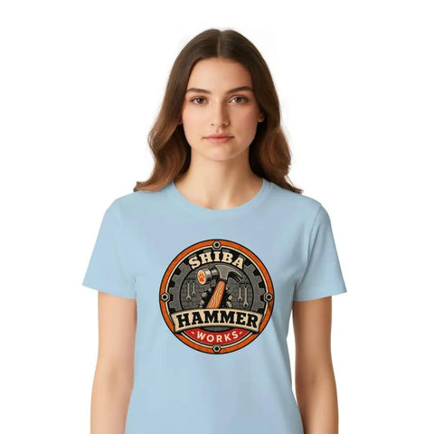 Cool Vintage Hammer Gear Badge Shiba T-Shirt For True DIY Guys Who Love Garage Art Retro Distressed Look Unisex Style With Bold Design, light blue fabric, printed logo.