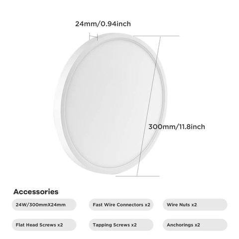 Low Profile 12 Inch LED Flush Mount Ceiling Light, 24W Daylight White Modern Round Lamp with dimensions and accessories