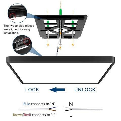 Installation diagram of 12 Inch Square LED Ceiling Light 24W 5000K Daylight White, ultra slim black minimalist flush mount.