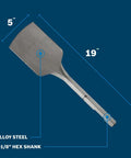 19 Inch By 5 Inch Hex Asphalt Cutter With 1 1/8 Inch Hex Shank For Cutting Asphalt Or Hard Ground Not For Concrete Pro Grade Heavy Duty Masonry Tool For Roadwork Paving And Diy Projects showing dimensions and measurements