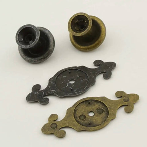 Vintage Bronze Door Knob Handles Set For Cabinets And Drawers Classic Furniture Pulls shown with decorative backplates.