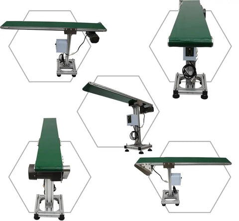 Workhorse PVC Flat Conveyor Belt System With Adjustable Speed and Single Row Leg Stand, 47x5.9 inch, green belt, 110V, multiple views