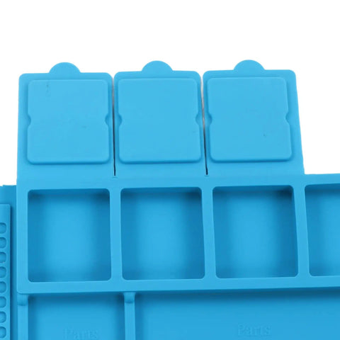 Heat Resistant Silicone Soldering Mat With Anti Static Magnetic Repair Station close-up of blue slot compartments