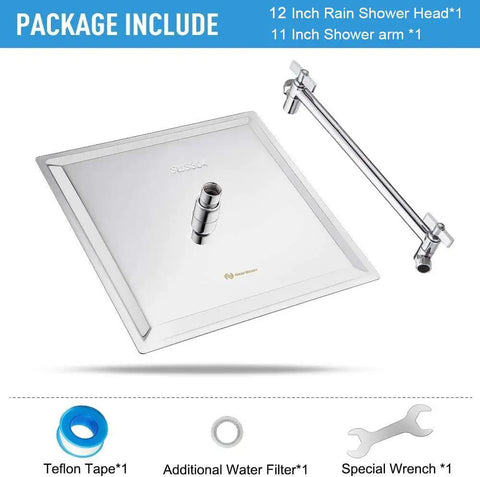 12 Inch Stainless Steel Rain Shower Head With 11 Inch Adjustable Brass Arm High Flow Rainfall Square Head Delivers Full Body Waterfall Coverage Chrome Finish For Spa Like Bath image showing shower head and arm with accessories.