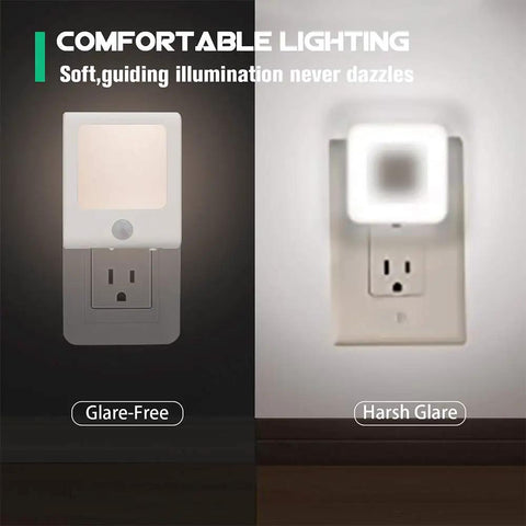 3 Pack No Fuss Motion Sensor Dimmable LED Night Lights plug in showing soft versus harsh glare effect