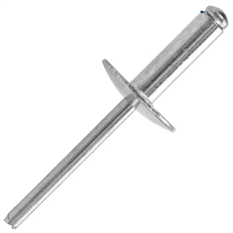 Close-up of a single aluminum rivet from the 30 Piece Large Flange Blind Rivet Set Aluminum Pop Rivets Assortment Kit With Five Eighth Inch (16 Mm) Flange Diameter And 3 16 X 1 Inch (4.8 X 25 Mm) Rivets For Fast Heavy Duty Repairs On Metal And Wood Projects.