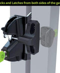 Rock Solid Gate Latch Lockable On Both Sides For Top Shelf Outdoor Security With Dual Side Key Access close-up view of latch mechanism.