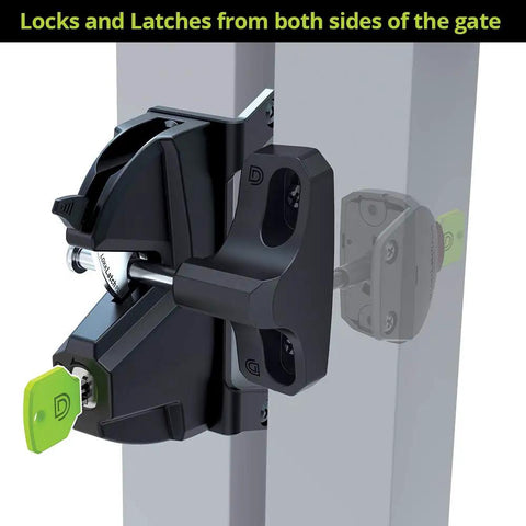 Rock Solid Gate Latch Lockable On Both Sides For Top Shelf Outdoor Security With Dual Side Key Access close-up view of latch mechanism.