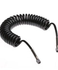 Heavy Duty Flexible Polyurethane Recoil Air Hose Featuring Automatic Snap Back Retrieval And Rock Solid Kink Resistant Build For Hassle Free High Flow Pneumatic Air Delivery In Any Workshop Setup, black coil design with metal connectors.