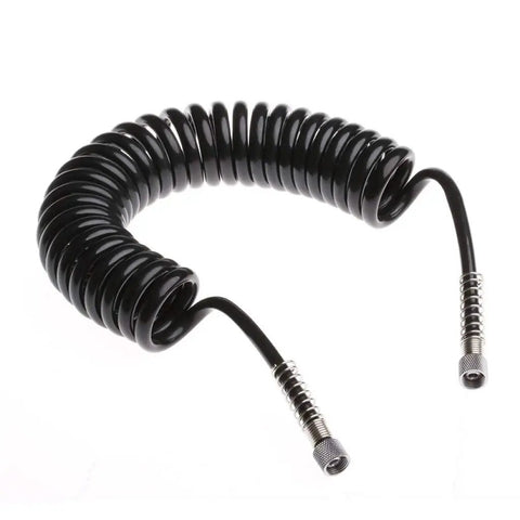 Heavy Duty Flexible Polyurethane Recoil Air Hose Featuring Automatic Snap Back Retrieval And Rock Solid Kink Resistant Build For Hassle Free High Flow Pneumatic Air Delivery In Any Workshop Setup, black coil design with metal connectors.