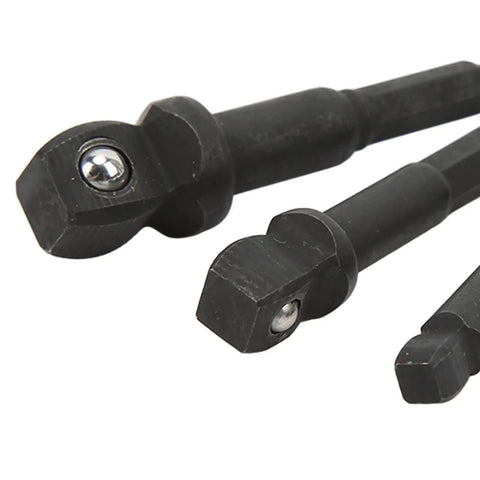 Get A Durable Chrome Vanadium Socket Adapter Kit That Fits Your Electric Drill For Quick Fixes And DIY Projects With Secure 1/2 3/8 And 1/4 Inch Versatile Drive Adaptors Built Tight For Real Tough Stuff. close-up of 3 chrome vanadium drill socket adapters