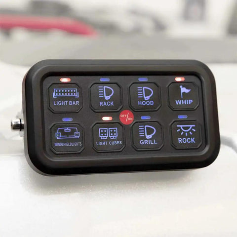8 Gang Switch Panel System With IP68 Control Box Splash Proof Panel 60 Amp Resettable Breaker Six Extra Fuses Switched Or Momentary Operation For Offroad Marine And Car Builds, featuring illuminated buttons and rugged design.