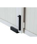 Close-up of EcoFlex Homestead Sliding Barn Door Dog Crate in Antique White latch detail.
