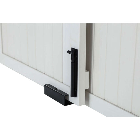 Close-up of EcoFlex Homestead Sliding Barn Door Dog Crate in Antique White latch detail.
