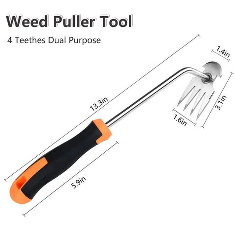 Stainless Steel Weed Puller Tool With Four Teeth Dual Purpose Garden Weeder For Weeding In Tight Spots Heavy Duty Hand Weeder With Rubber Handle 2024 Upgrade For Lawn And Garden Removal, 13.3in