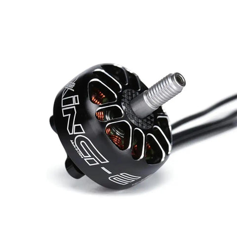 Close-up of Beefy 2207 1800KV brushless FPV drone motor for 3-6S LiPo with hollow 5mm shaft and 9x4x4mm NSK bearings.