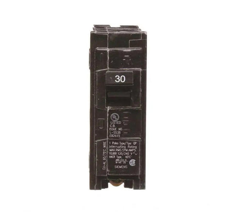 Single Pole Thirty Amp QP Circuit Breaker For One Twenty Volt Load Panels With Ten Thousand Amp Rating showing black body and 30 amp indicator