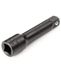 Three Eighths Inch Drive Three Inch Impact Extension Bar For Impact Drivers Adds Reach To Hard To Reach Fasteners Spring Loaded Detent Ball Keeps Sockets Secure Detent Pin Hole Works With Friction Ring And Pins shown in black metal.