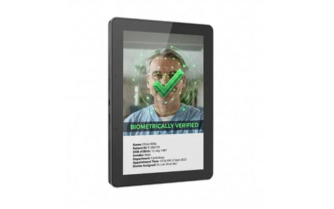 Dope AI Powered 10 Inch Touchscreen All In One Development Board With Six Tops NPU showing biometric verification interface and patient info.