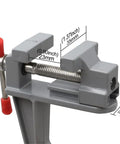 Grab N Go Portable Table Vise Clamp for Workbench with swivel feature, aluminum alloy, showing dimensions in millimeters.