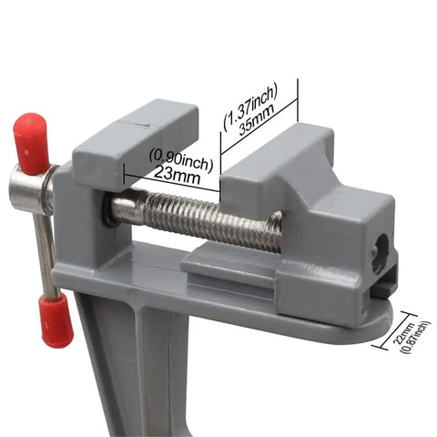 Grab N Go Portable Table Vise Clamp for Workbench with swivel feature, aluminum alloy, showing dimensions in millimeters.