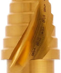 Impact Ready Titanium Nitride Step Drill Bit 3/16 To 7/8 Inch With 2 Flute Spiral Split Point For Fast Start Laser Engraved Size Markings Longer Life And Easy Chip Removal Optimized For Impact Drivers DWA1786IR.