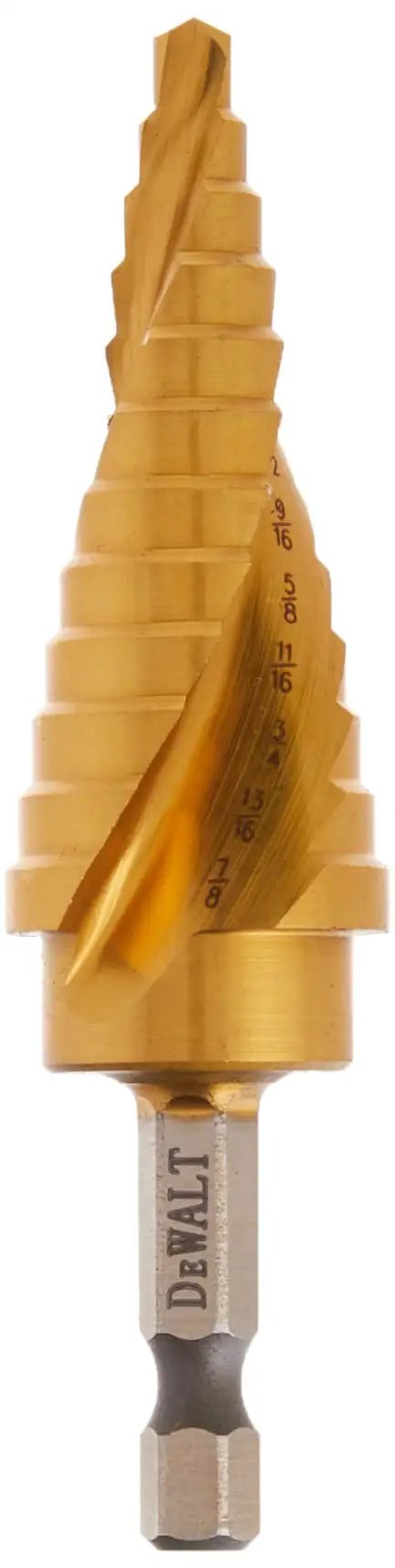 Impact Ready Titanium Nitride Step Drill Bit 3/16 To 7/8 Inch With 2 Flute Spiral Split Point For Fast Start Laser Engraved Size Markings Longer Life And Easy Chip Removal Optimized For Impact Drivers DWA1786IR.