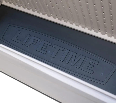 Interior base of 130 Gallon Desert Sand Deck Box With Weatherproof HDPE Construction showing "Lifetime" branding