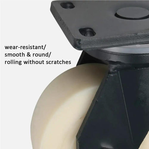 Heavy Duty Eight Inch Nylon Swivel Casters Built Beefy With Carbon Steel Bearings And A Riveted Base For Crush Proof Performance. Close-up of smooth white nylon wheel.