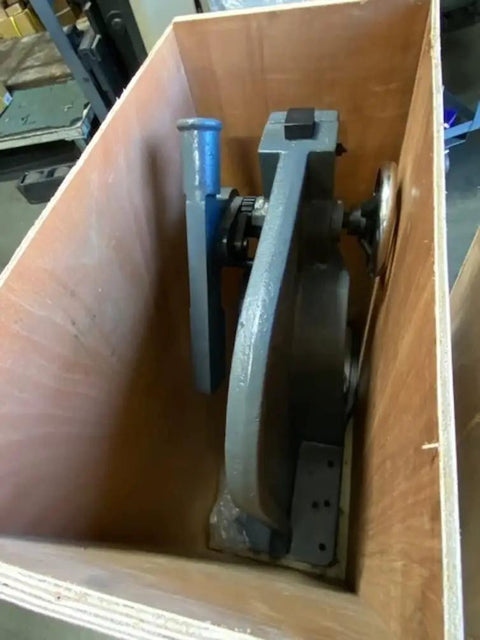 Heavy Duty 3 Ton Ratchet Arbor Press Featuring Rapid Ram Action And Counterweighted Handle built like a tank inside wooden crate.