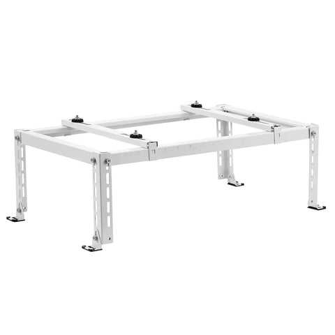 Heavy Duty Mini Split Ground Stand With Adjustable Anti Vibration Support For 9000 To 24000 BTU Ductless AC Heat Pump Galvanized Steel Floor Mount Bracket Up To 551 Lbs Load Capacity, showing adjustable legs and anti-vibration pads.