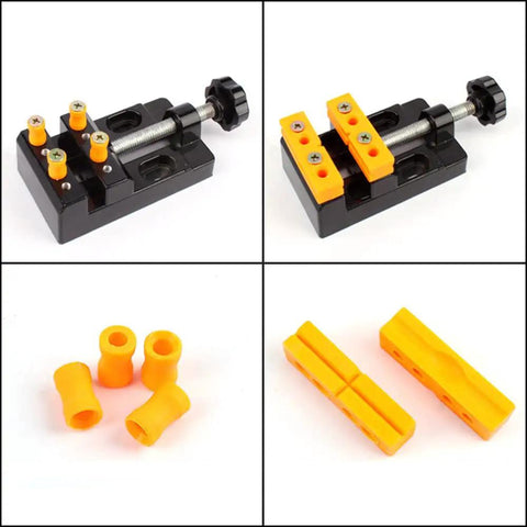 Mini Flat Clamp Bench Vise for Watch Repair and Jewelry DIY with orange jaws and parts, clamps 0 to 2.1 inches, ideal for precision work