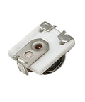 Pack Of Ten SMD Trimmer Potentiometers 10K Ohm Adjustable Resistors Featuring Slick Surface Mount Layout For Dead On Calibration And Smooth PCB Board Tuning close-up of metal trimmer potentiometer with white body and mounting clips.