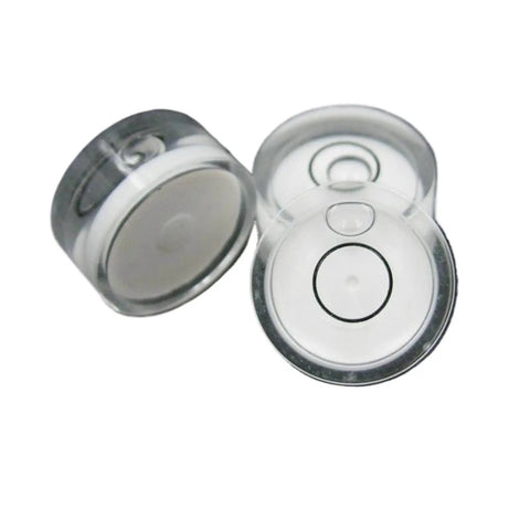 Three clear Bubble Level Bullseye Spirit Level Vial 18 * 9mm Circular Horizontal showing the level indicators.